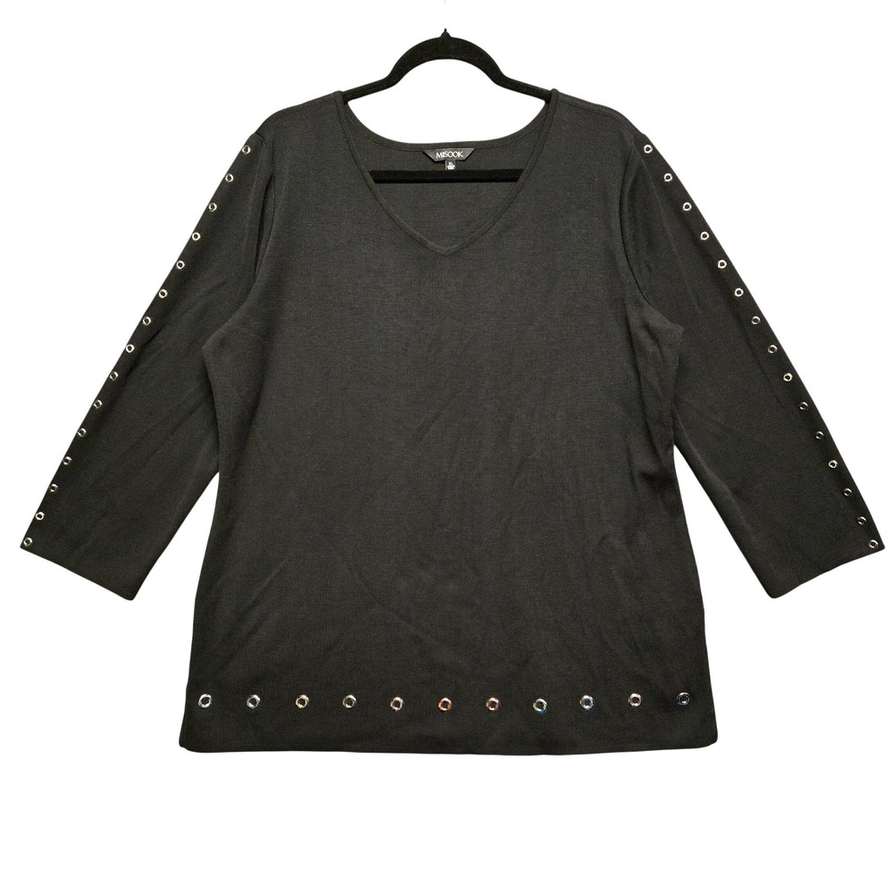 Misook Grommet Trim‎ Knit Tunic Women XL Black V-Neck 3/4 Sleeve Top